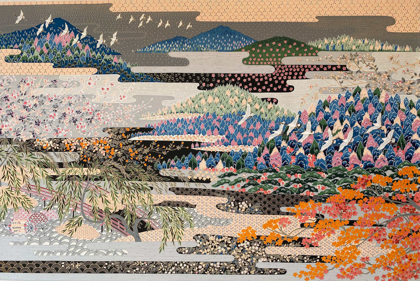 Sogara Yuzen Grey Blue + Peach Landscape